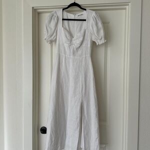 Reformation Linen Midi Dress Puff Sleeve Sweetheart Neckline